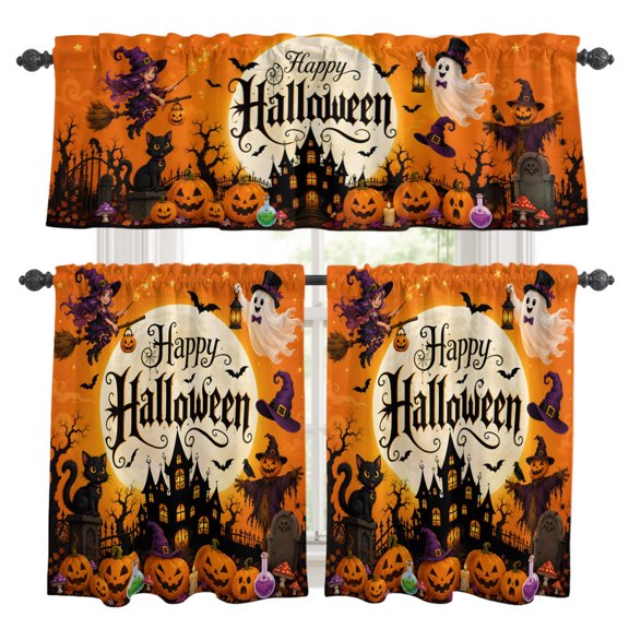 Happy Halloween Kitchen Curtains Valances 3 Piece Set, Haunted Castle Pumpkins Witch Flying Ghosts Rod Pocket Tier Curtain and Valance Drapes for Small Window 36 Inch Length for Bedroom Cafe