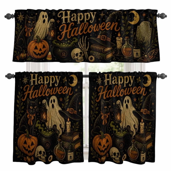 Happy Halloween Kitchen Curtains Valances 3 Piece Set, Vintage Fall Pumpkin Floating Ghost Black Cat Skull Rod Pocket Tier Curtain and Valance Drapes for Small Window 24 Inch Length for Bedroom Cafe