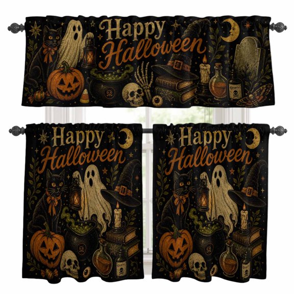 Happy Halloween Kitchen Curtains and Valances Set, Vintage Fall Pumpkin Floating Ghost Black Cat Skull Rod Pocket Window Valance Window Curtain Panels for Living Room Bedroom, 27.5x24in, 3 Pieces