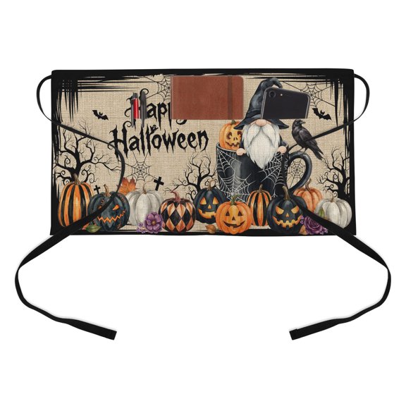 Happy Halloween Kitchen Restaurant Half Waist Apron, Black Cobweb Witch Gnomes Spooky Pumpkin Linen Server Short Apron with 3 Pockets Waterproof Oil Waist Aprons for Women Waitress Waiter