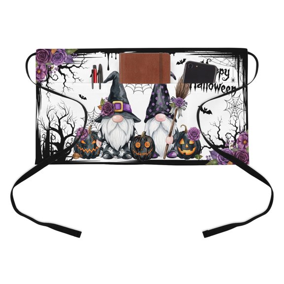 Happy Halloween Kitchen Restaurant Half Waist Apron, Spooky Gnomes Dark Vintage Purple Rose Goth Pumpkin Server Short Apron with 3 Pockets Waterproof Oil Waist Aprons for Women Waitress Waiter