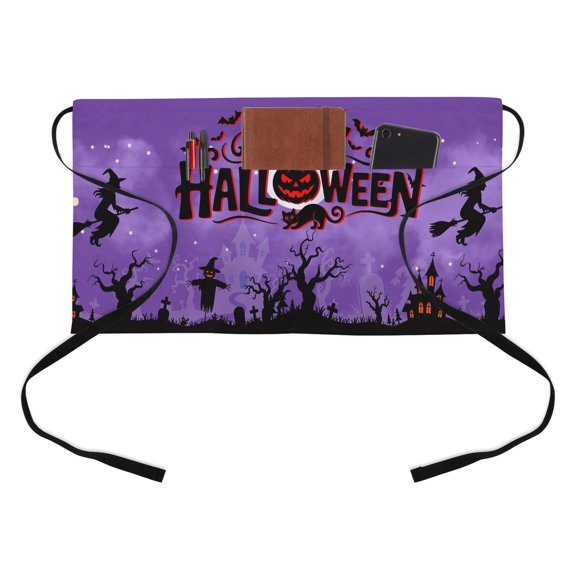 Happy Halloween Kitchen Restaurant Half Waist Apron, Witch Crow Purple Theme Pumpkin Retro Server Short Apron with 3 Pockets Waterproof Oil Waist Aprons for Women Waitress Waiter