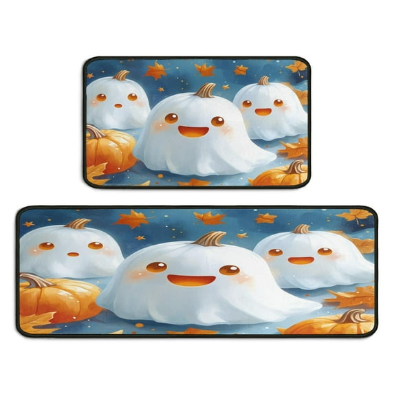 Happy Halloween Kitchen Rugs Sets Of 2 Cute Ghost Pumpkin Welcome Halloween () Kitchen Mats for Door Bath Non-Slip Runner Rug Decorations for Porch Veranda Entryway (17x47in+30x17in)