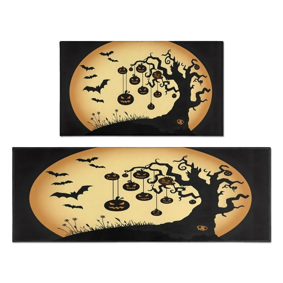 Happy Halloween Kitchen Rugs Sets Of 2 Halloween Bat Spider Web Kitchen Rugs and Mats for Door Bath Non Skid Sink Mats Decorations for Porch Veranda Entryway (17x47in+30x17in)