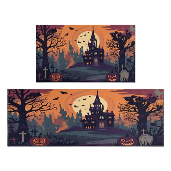 Happy Halloween Kitchen Rugs Sets Of 2 Horror Pumpkin Decor Mats for Room Farmhouse Non-Slip Decor Doormat Decorations for Home Dining Room (17x47in+30x17in)