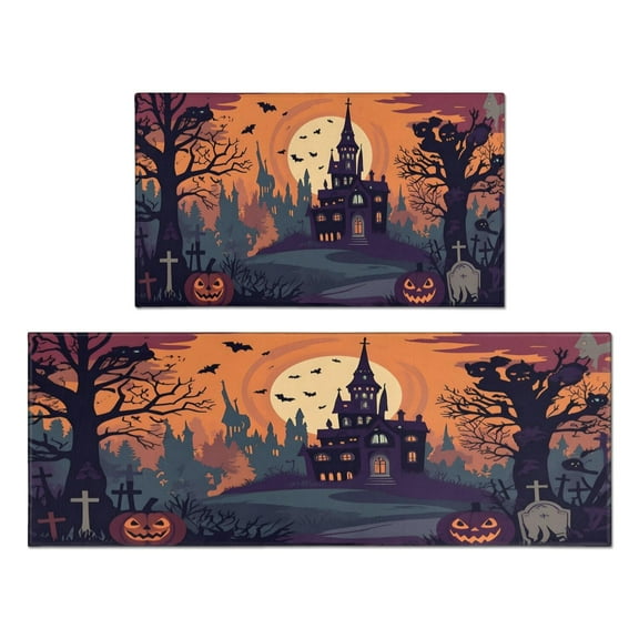 Happy Halloween Kitchen Rugs Sets Of 2 Horror Pumpkin Decor Mats for Room Farmhouse Non-Slip Decor Doormat Decorations for Home Dining Room (17x47in+30x17in)