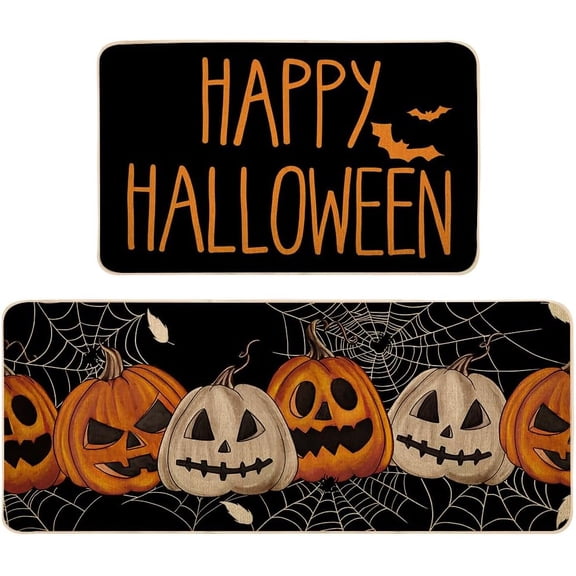 Happy Halloween Kitchen Rugs Sets of 2, Pumpkin Halloween Kitchen Decor Mats for Floor Non-Slip Washable Farmhouse Rustic Style 17x29 and 17x47 Inch DM177