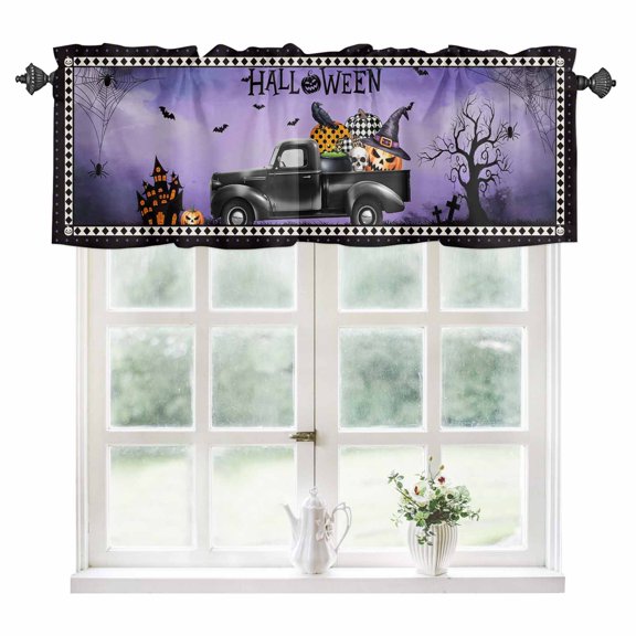 Happy Halloween Kitchen Valances for Windows 54x18 Inch Kitchen Curtains Valances Rod Pocket Spooky Pumpkins Horror Bat Purple Bathroom Window Valances for Window Treatment Decor