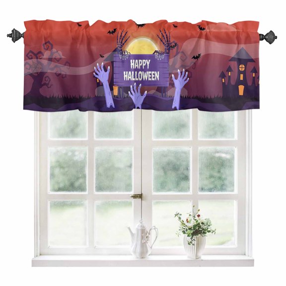 Happy Halloween Kitchen Valances for Windows 60x18 Inch Kitchen Curtains Valances Rod Pocket Cartoon Purple Scary Hand Skull Bat Bathroom Window Valances for Window Treatment Decor