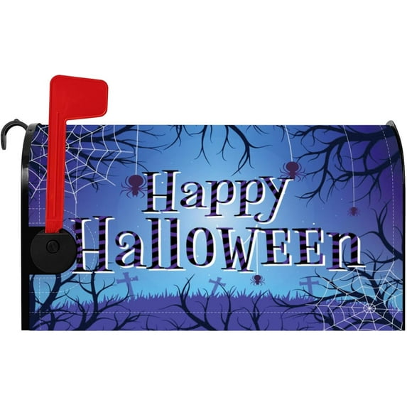Happy Halloween Mailbox Cover Blue Night Dead Tree Spooky Graveyard Gloomy Spider Web Scary Magnetic Mailbox Covers Hallowmas Mail Box Post Letter Cover for Home Yard Standard Size 21x25.5 Inch