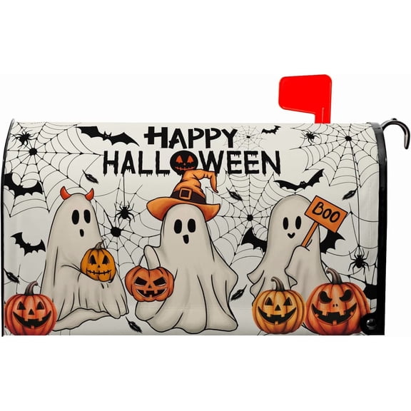 Happy Halloween Mailbox Covers Magnetic Boo Ghost Mail Box Cover Pumpkin Mailbox Wraps Magnetic Standard Size 21x18 inch for Outside Garden Yard Spider Web Bat