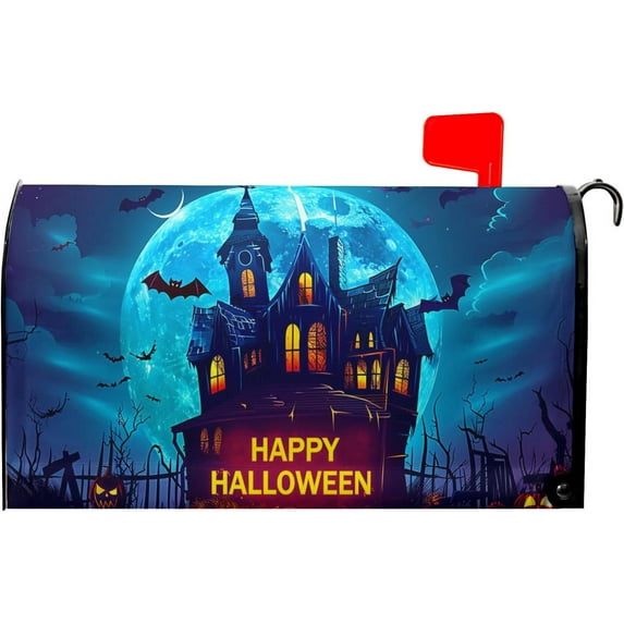Happy Halloween Mailbox Covers Magnetic Scary Night Haunted House Waterproof Mail Box Wraps Standard Size 21x18 Inch Full Moon Bats Decorative Blue Letter Box Cover for Home Garden Yard Outside