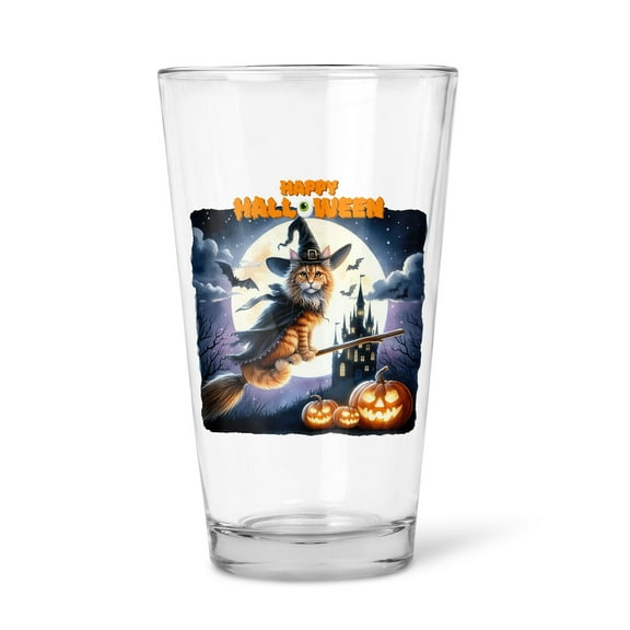 Happy Halloween Maine Coon Witch Pumpkins Bats 16oz Pint Beer Glass Mug Cat Lover Kitten Owner Gifts Beer Glasses Cup - 13012