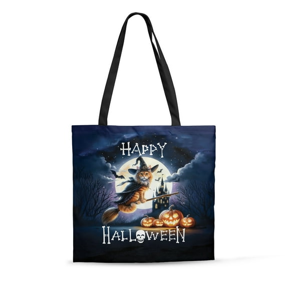 Happy Halloween Maine Coon Witch Pumpkins Bats All Over Print 3D Canvas Tote Bag Cat Lover Kitten Owner Gifts Reusable Handbag - 13012