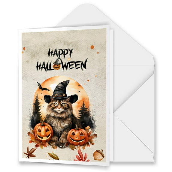 Happy Halloween Maine Coon Witches Hat Pumpkin Carving 5x7in Folded Greeting Card Cat Lover Kitten Owner Gifts Single Note Card with Envelope - 02019