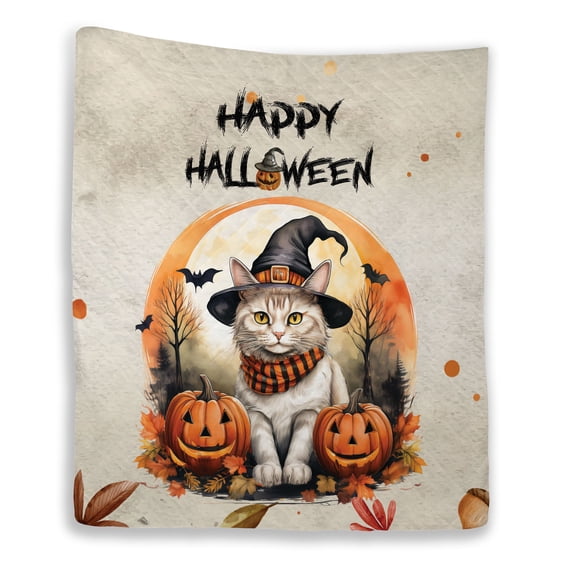 Happy Halloween Manx Witches Hat Pumpkin Carving Quilt Blanket Cat Lover Kitten Owner Gifts Cozy Comforter Throw Blanket - 02019