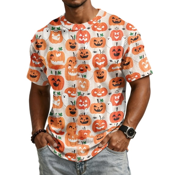 Happy Halloween Men's Short Sleeve T-Shirt, Cute Ghost Pumpkin Spiderweb Pattern Crew Neck Stylish Autumn Streetwear Tees