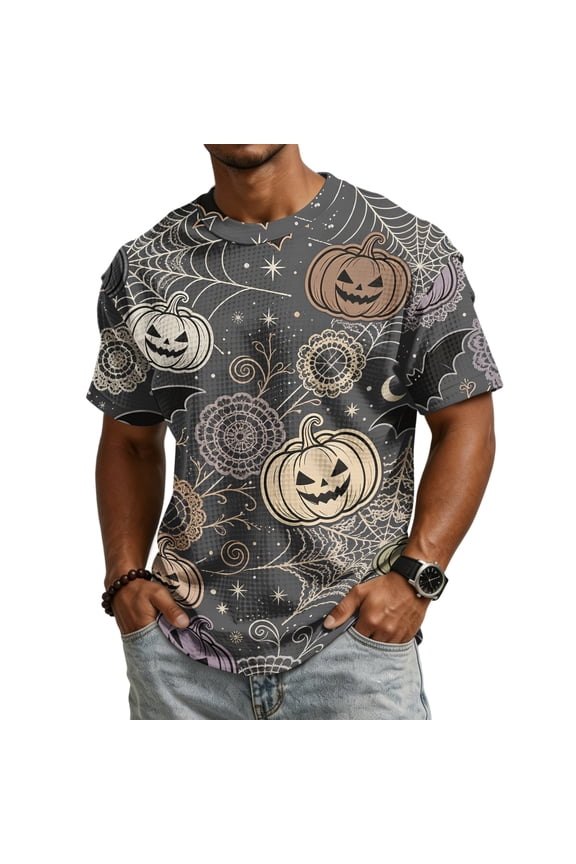 Happy Halloween Men's Short Sleeve T-Shirt, Cute Ghost Pumpkin Spiderweb Pattern Crew Neck Stylish Autumn Streetwear Tees