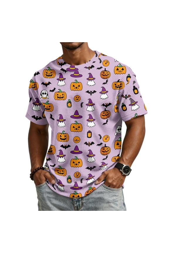 Happy Halloween Men's Short Sleeve T-Shirt, Cute Ghost Pumpkin Spiderweb Pattern Crew Neck Stylish Autumn Streetwear Tees