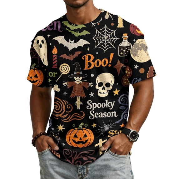 Happy Halloween Men's Short Sleeve T-Shirt, Cute Ghost Pumpkin Spiderweb Pattern Crew Neck Stylish Autumn Streetwear Tees