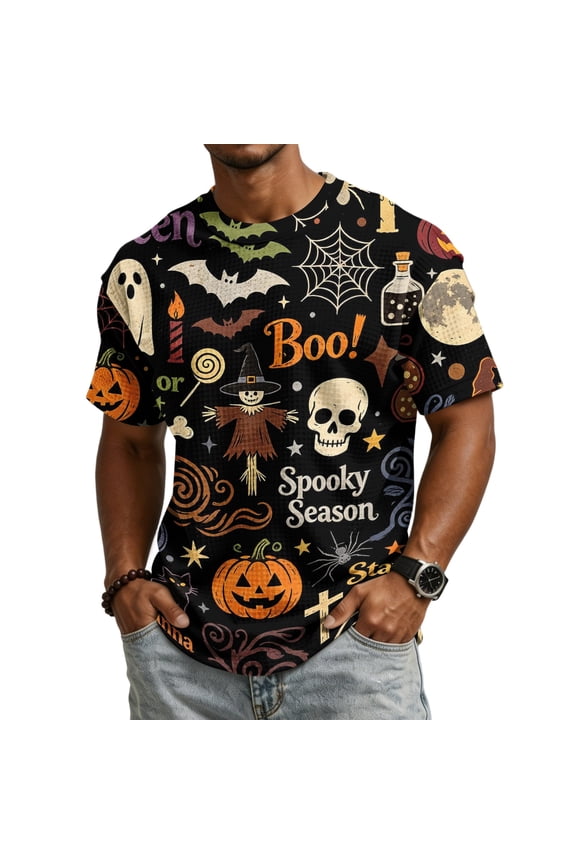 Happy Halloween Men's Short Sleeve T-Shirt, Cute Ghost Pumpkin Spiderweb Pattern Crew Neck Stylish Autumn Streetwear Tees