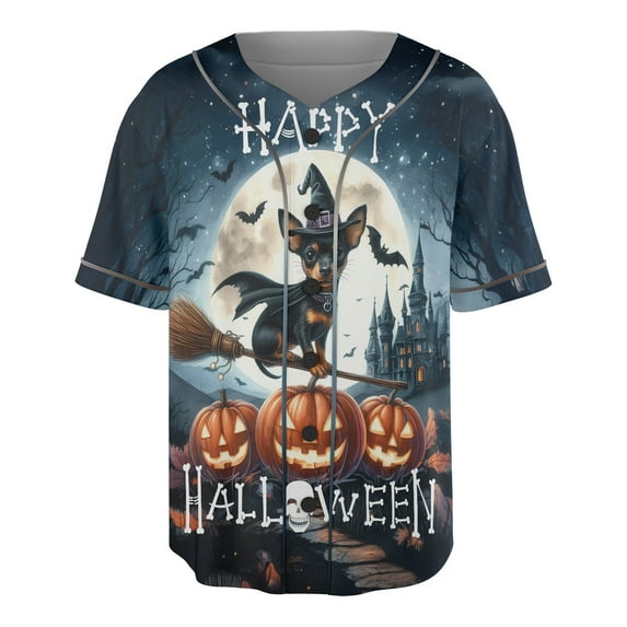 Happy Halloween Miniature Pinscher Witch Pumpkins Bats All Over Print 3D Baseball Shirt Mini Pin Dog Lover Softball Sport - 13012