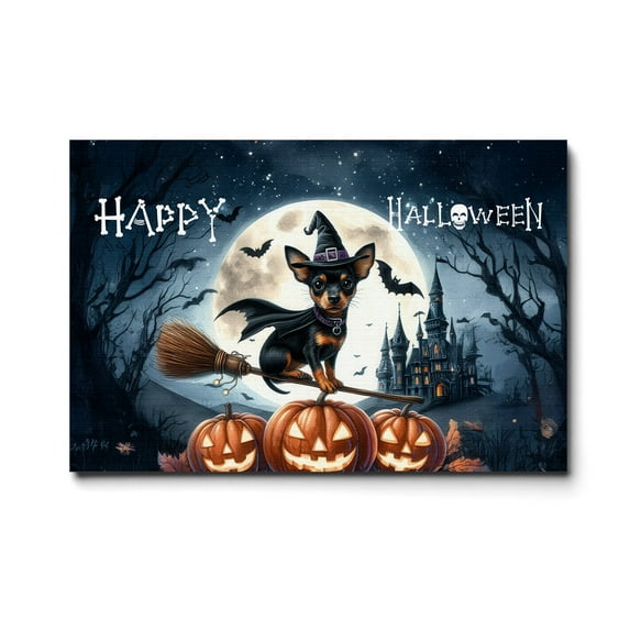Happy Halloween Miniature Pinscher Witch Pumpkins Bats Horizontal Matte Canvas Poster Mini Pin Dog Lover Wall Art Home Decor - 13012