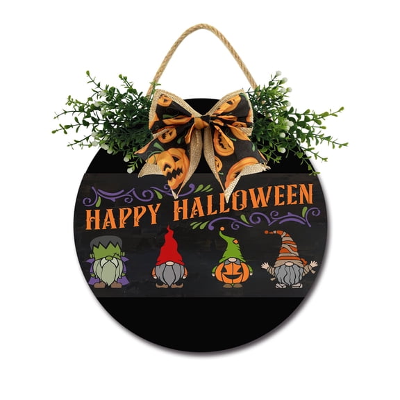 Happy Halloween Monster Sign Front Door Porch Decorations, Round Rustic Wood Hanging Sign for Farmhouse Porch Outdoor Home Holiday Front Door Sign Decor