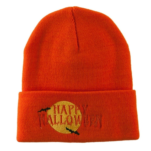 Happy Halloween Moon and Bats Embroidered Long Beanie - Orange OSFM