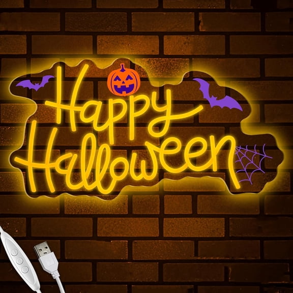 Happy Halloween Neon Sign, Cool Dimmable Light Up Halloween Pumpkin Bat Neon Light Up Sign Gift USB Powered for Kids Bedroom, Living Room, Bar, Party, Shops, Party Yard Wall Decor Home Decoration