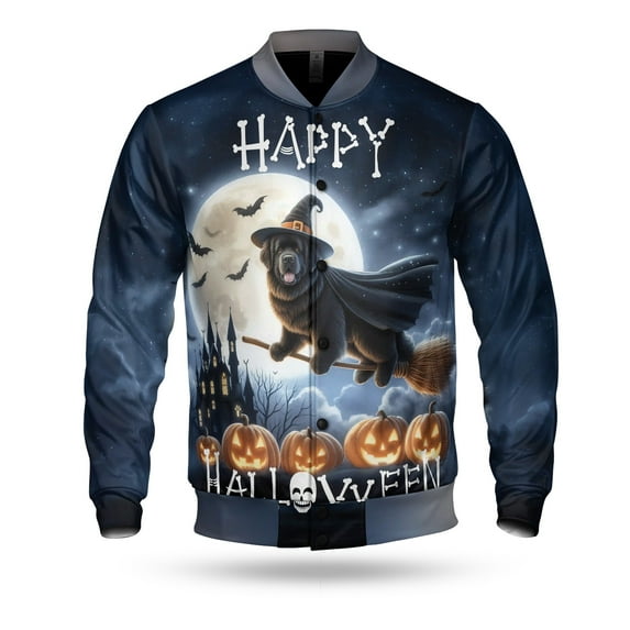 Happy Halloween Newfoundland Witch Pumpkins Bats All Over Print 3D Baseball Jacket Newfie Dog Lover Gifts Bomber Jacket Softball - 13012