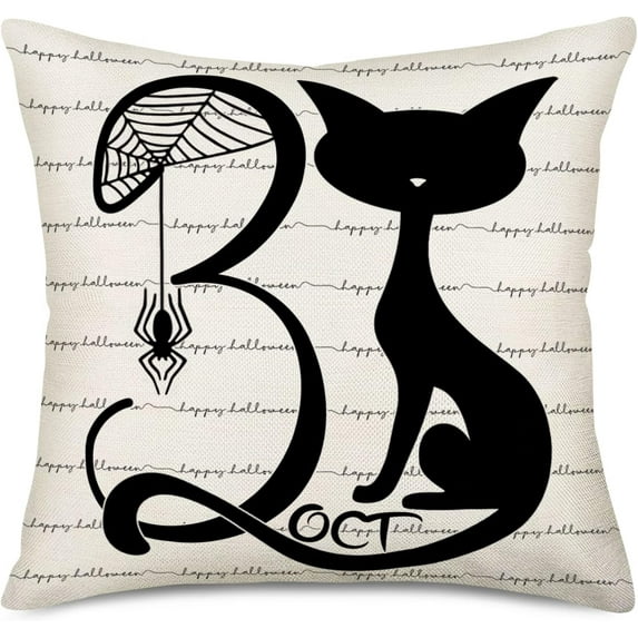 Happy Halloween October 31 Pillow Covers Black Cat Spider Web Pillow Cases Cushion Cover Cotton Linen Black White Halloween Quotes Pillowcases for Sofa Couch Bedroom, 20x20 Inch, (A004)