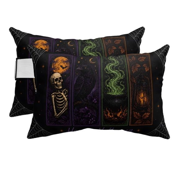 Happy Halloween Outdoor Pillows for Chaise Lounge Chair Beach Headrest Pillow Set of 2 Waterproof Lumbar Pillows with Insert&Strap Retro Horror Skeleton Bat Pumpkin Black Pool Pillow 11"x16"