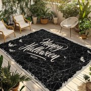 Happy Halloween Outdoor Rug for Patio/Deck/Porch, Non-Slip Large Area Rug 4 x 6 Ft, Black Vintage Spooky Bats Cobweb Stripes Indoor Outdoor Rugs Washable Area Rugs, Camping Rug Carpet Runner