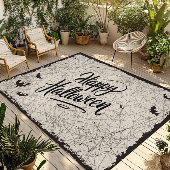 Happy Halloween Outdoor Rug for Patio/Deck/Porch, Non-Slip Large Area Rug 5 x 7 Ft, Beige Retro Farmhouse Horror Bats Cobweb Indoor Outdoor Rugs Washable Area Rugs, Camping Rug Carpet Runner