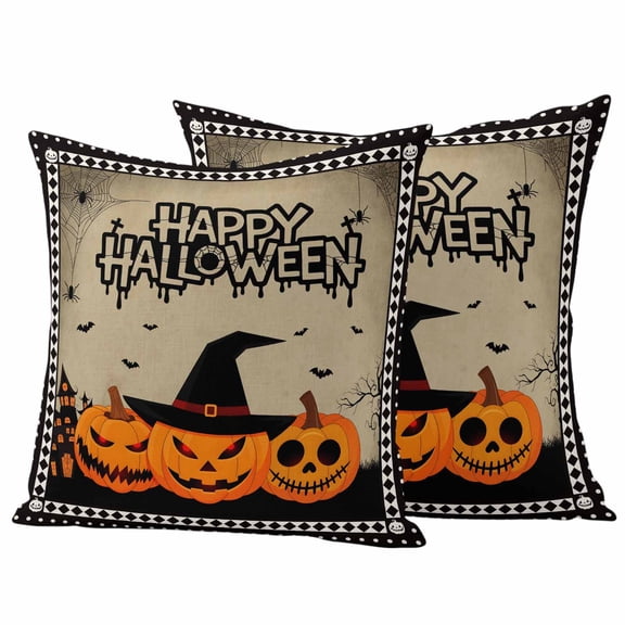Happy Halloween Outdoor Waterproof Pillow Covers, Spooky Pumpkins Horror Bat Brown Decorative Square Throw Pillowcase Sofa Cushion Sham for Patio/Couch/Chair, 20"x20" 2 Pack