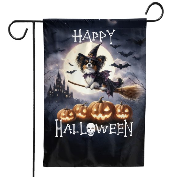 Happy Halloween Papillon Witch Pumpkins Bats Garden Flag 12x18in Double Sided Pap Butterfly Dog Lover Outdoor Decor - 13012