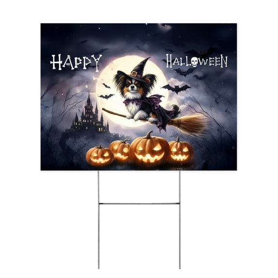 Happy Halloween Papillon Witch Pumpkins Bats Yard Sign Pap Butterfly Dog Lover Outdoor Home Lawn Garden Porch Decor - 13012