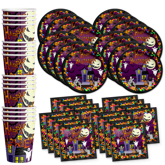 Happy Halloween Party Celebration Supplies Set Paper Plates Napkins Cups Tableware Kit for 16