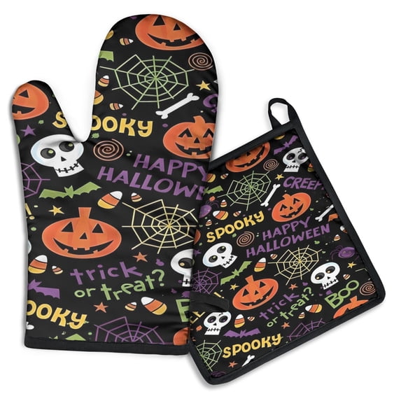 Happy Halloween Pattern Kitchen Oven Mitt and Pot Holder Sets 2 Pcs for Baking, Cooking and Grilling, Heat Resistant Up To 392 °F