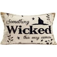 thumbnail image 1 of Happy Halloween Pillow Cover Cases Horrific Saying with Witch Hat Leaves Star Decorative Pillow Cases Cotton Linen Festival Home Sofa Couch Decor Rectangle Cushion Cover 12x20, 1 of 4