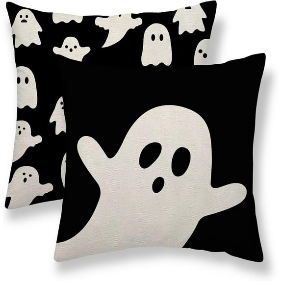Happy Halloween Pillow Covers 18x18 Set of 2, Halloween Black White Ghost Throw Pillow Covers Holiday Farmhouse Outdoor Pillowcase for Couch Sofa Home Decor
