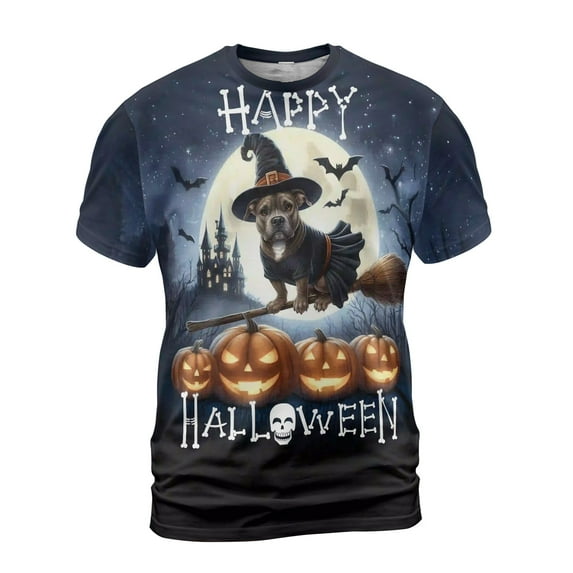 Happy Halloween Pitbull Witch Pumpkins Bats All Over Print 3D Shirt Unisex Merch Terrier Dog Lover - 13012