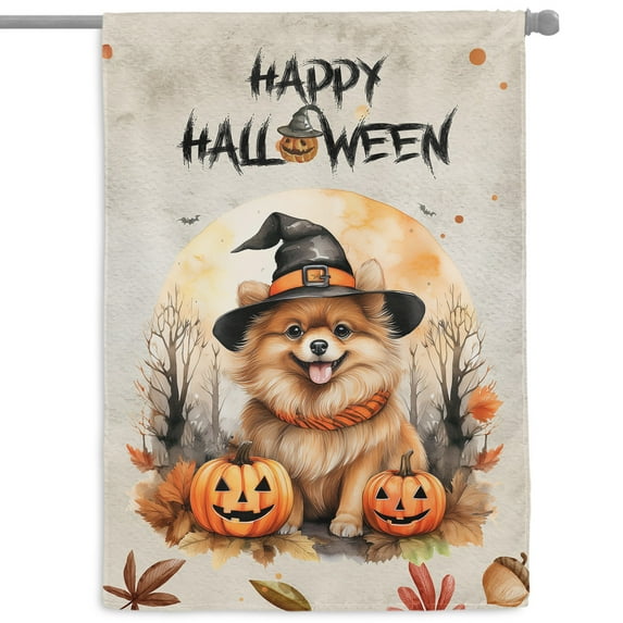 Happy Halloween Pomeranian Witches Hat Pumpkin Carving House Flag 28x40in Double Sided Pom Dog Lover Gifts Outdoor Decor - 02019