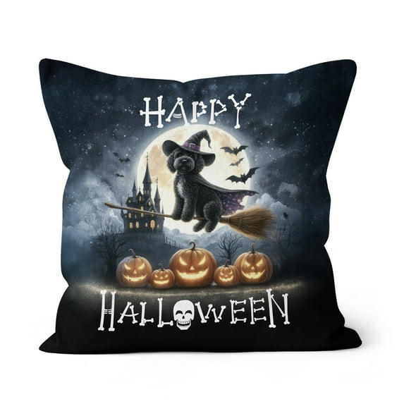 Happy Halloween Portuguese Water Dog Witch Pumpkins Bats Pillow Cushion Double Sided PWD Portie Fishing Dog Lover Throw Pillow - 13012