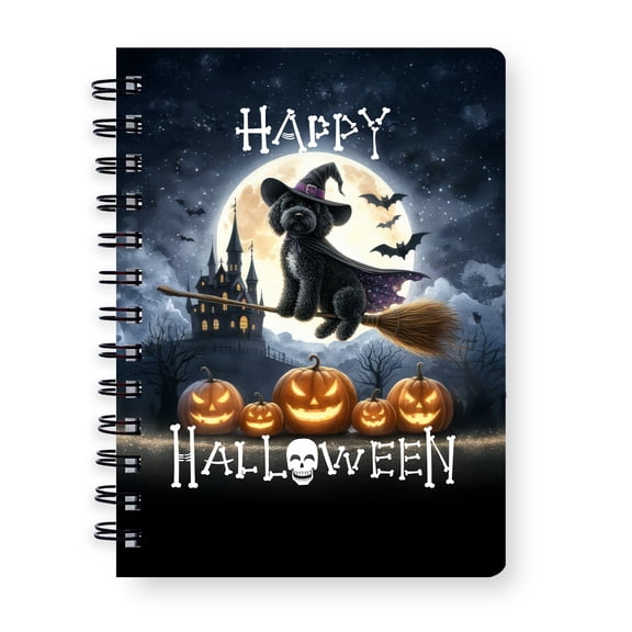 Happy Halloween Portuguese Water Dog Witch Pumpkins Bats Spiral Bound Journal PWD Portie Fishing Dog Lover 5x7in Spiral Notebook - 13012