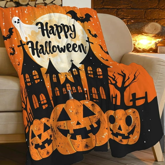 Happy Halloween Print Blanket Pumpkin Ghost Bat Throw Blankets for Couch Sofa Bed Stuff Decor Gifts Soft Cozy Fleece Plush Warm Flannel Bedding for Lover Kids Adults Decorations 40"x50"