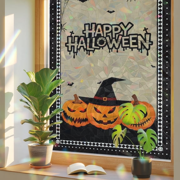 Happy Halloween Privacy Window Film, Decorative Stained Glass Window Film, Spooky Pumpkins Horror Bat Brown Resuable Rainbow Static Cling for Home Bathroom Living Room Glass Door 23.6"x59"