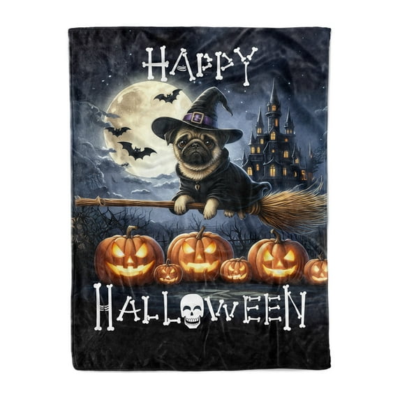 Happy Halloween Pug Witch Pumpkins Bats Cozy Fleece Blanket Dog Lover Gifts Warm Soft Throw Blanket - 13012