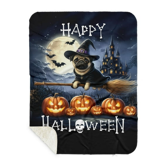Happy Halloween Pug Witch Pumpkins Bats Cozy Sherpa Blanket Dog Lover Gifts Warm Soft Throw Blanket - 13012